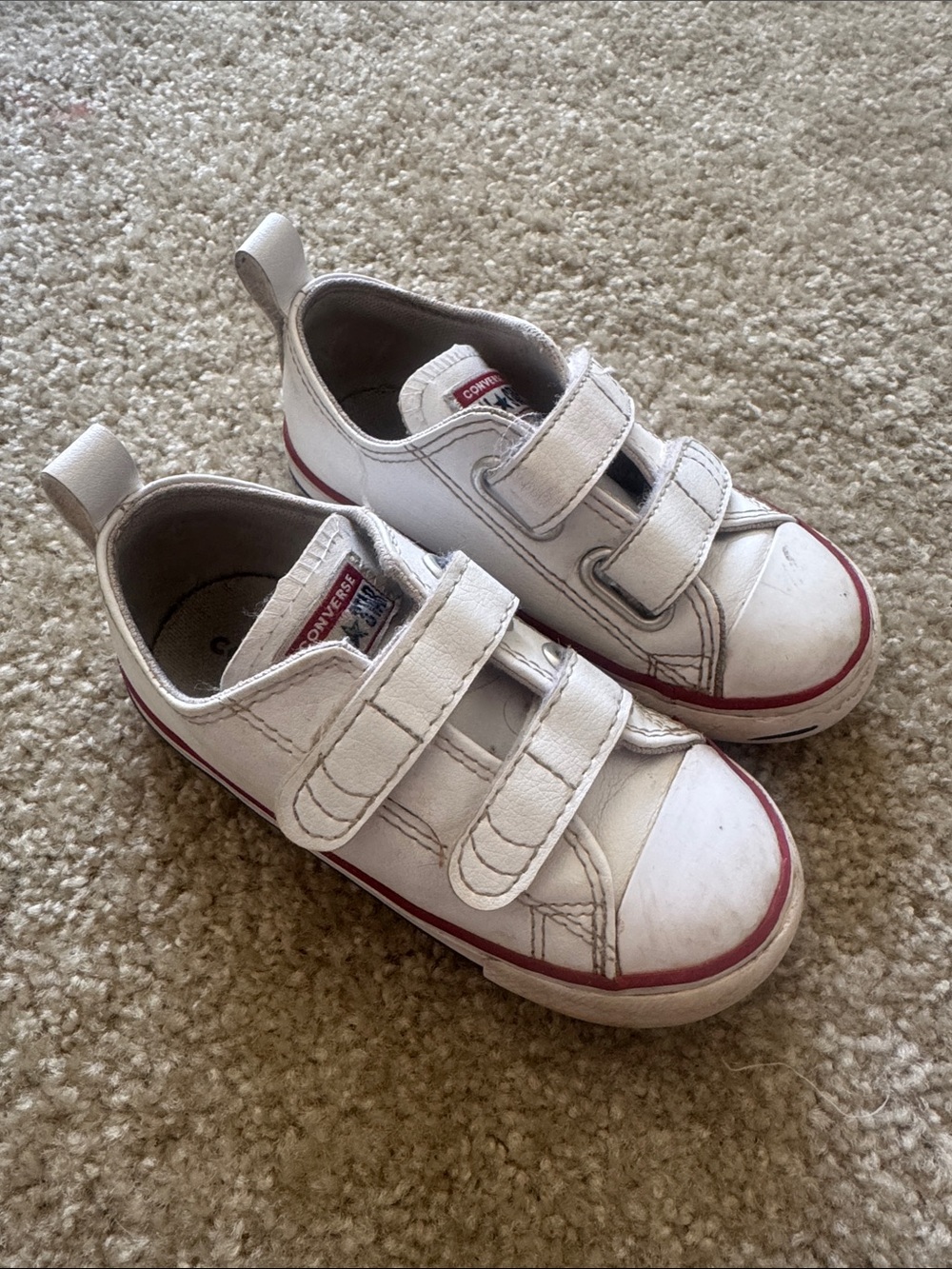 Converse Kids White Sneakers with Red Trim Velcro